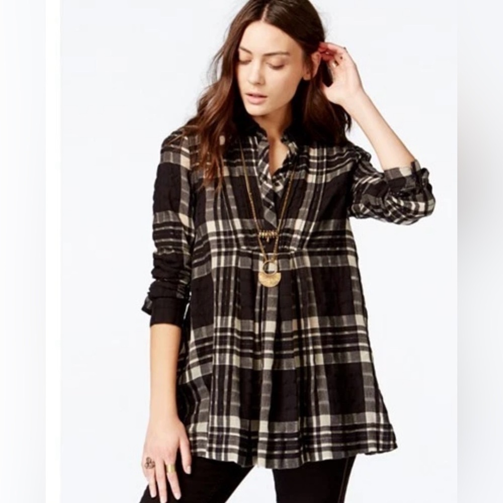 Free People Boho Baby Blues Black White Cotton Plaid Top Oversized Pockets Sz M